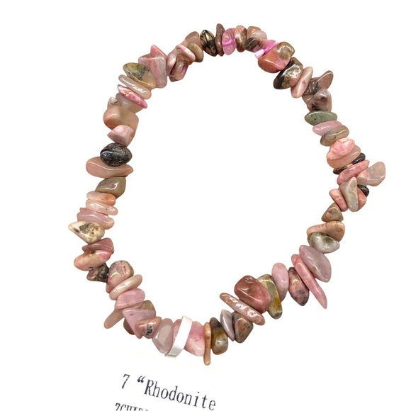 Rhodonite Bracelet Beaded Gemstone Stretch Pink Chip Chips Boho Stone Crystal - Picture 5 of 5